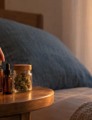 Bedside table with CBD and CBN bottles in a softly lit bedroom