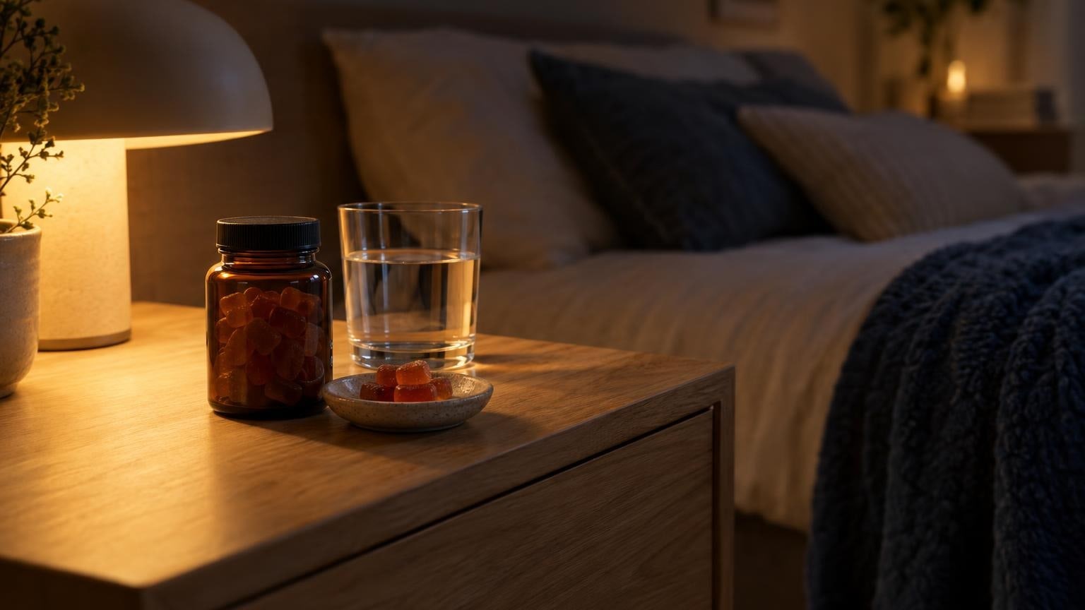 Bedside table with CBN sleep gummies and water in a softly lit bedroom