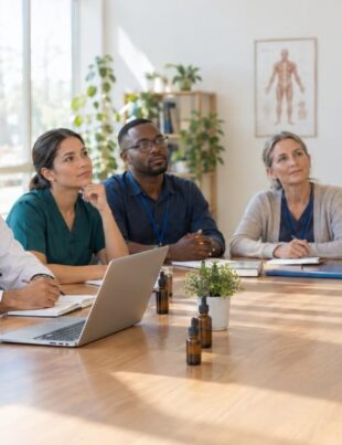 Clinicians attending medical cannabis training session in bright classroom