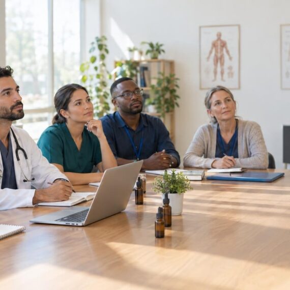 Clinicians attending medical cannabis training session in bright classroom