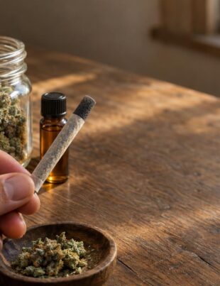 Close-up of a hand-rolled joint with charcoal filter and cannabis flower jar