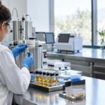 Lab technician testing cannabis samples in a clean, modern laboratory setting