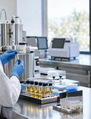 Lab technician testing cannabis samples in a clean, modern laboratory setting