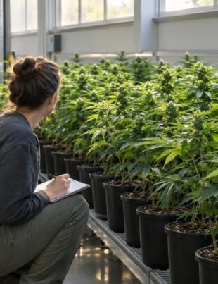 Indoor cannabis grow room showing uniform plants representing consistent genetics