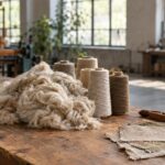 Soft cottonized hemp fiber and yarn on a textile mill workspace