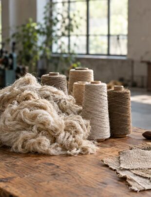 Soft cottonized hemp fiber and yarn on a textile mill workspace