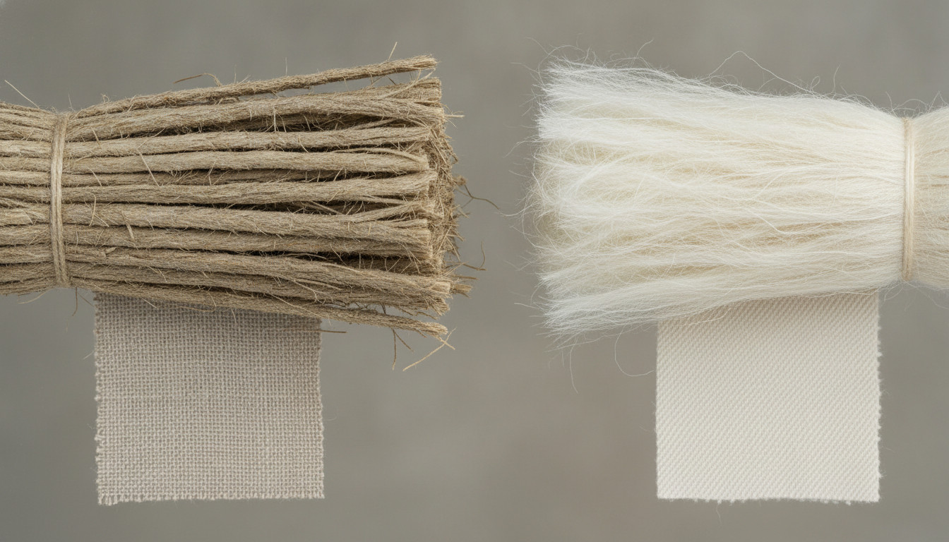 Side by side macro photo showing coarse traditional hemp fiber and soft cottonized hemp fiber with fabric swatches beneath each to highlight texture and softness contrast.