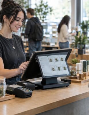 Cannabis dispensary checkout with modern point-of-sale system and employee assisting customer