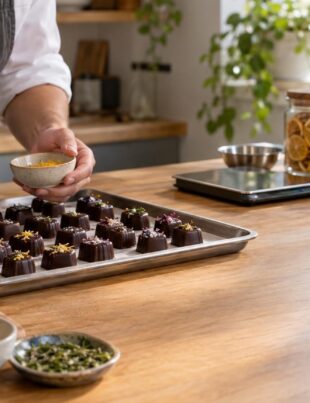 Chef decorating artisanal CBD-infused chocolates in a bright kitchen setting