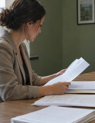 Person reviewing cannabis regulatory documents in dispensary office under natural light