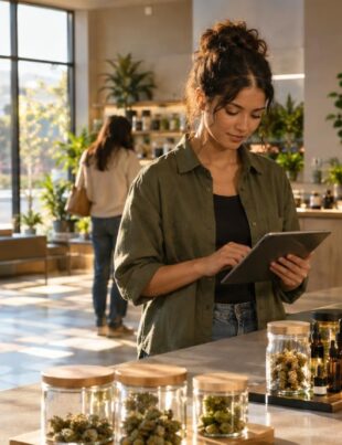 Interior of a cannabis dispensary with staff using a tablet near product displays