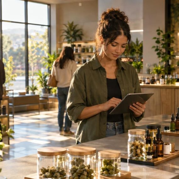 Interior of a cannabis dispensary with staff using a tablet near product displays