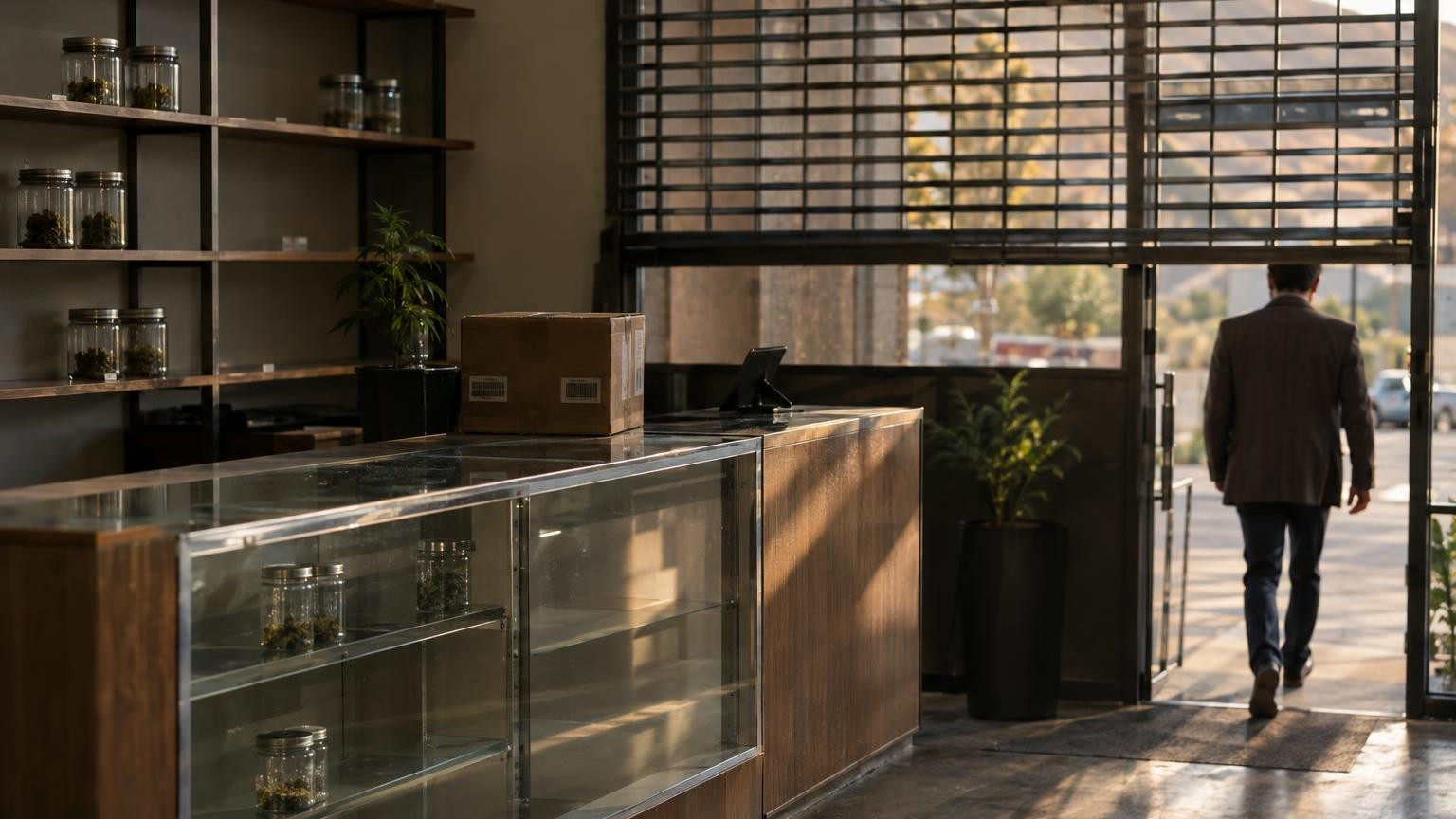 Commercial cannabis storefront with a partially lowered security gate, sealed unbranded jars on empty shelves, a cardboard box, and a businessperson walking away with face turned away