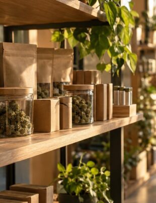 Eco-friendly cannabis packaging displayed on a wooden dispensary shelf with natural light