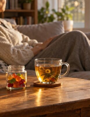 Calm home scene with CBD gummies on a table and person resting on sofa