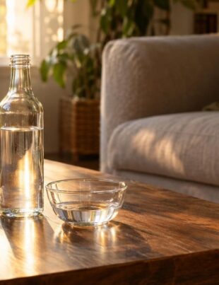 Living room with Everclear alcohol and cleaning supplies on coffee table
