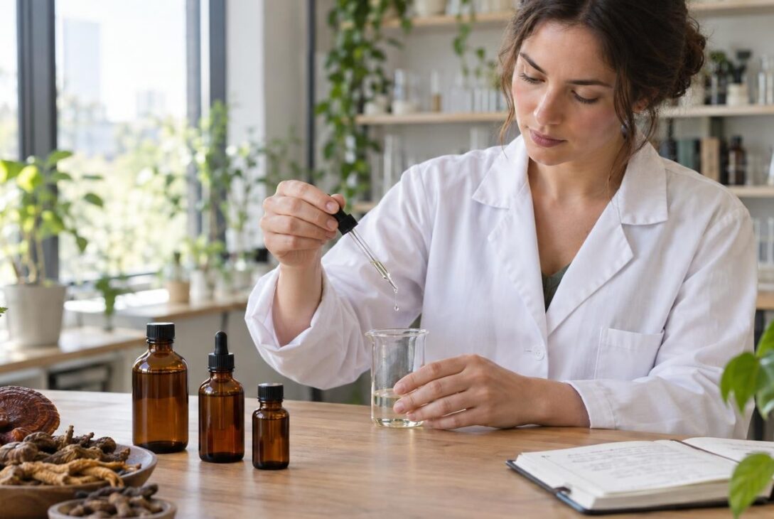 Scientist preparing THC tincture with adaptogenic mushrooms in a bright laboratory