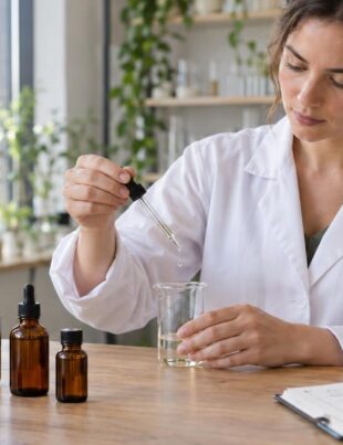 Scientist preparing THC tincture with adaptogenic mushrooms in a bright laboratory