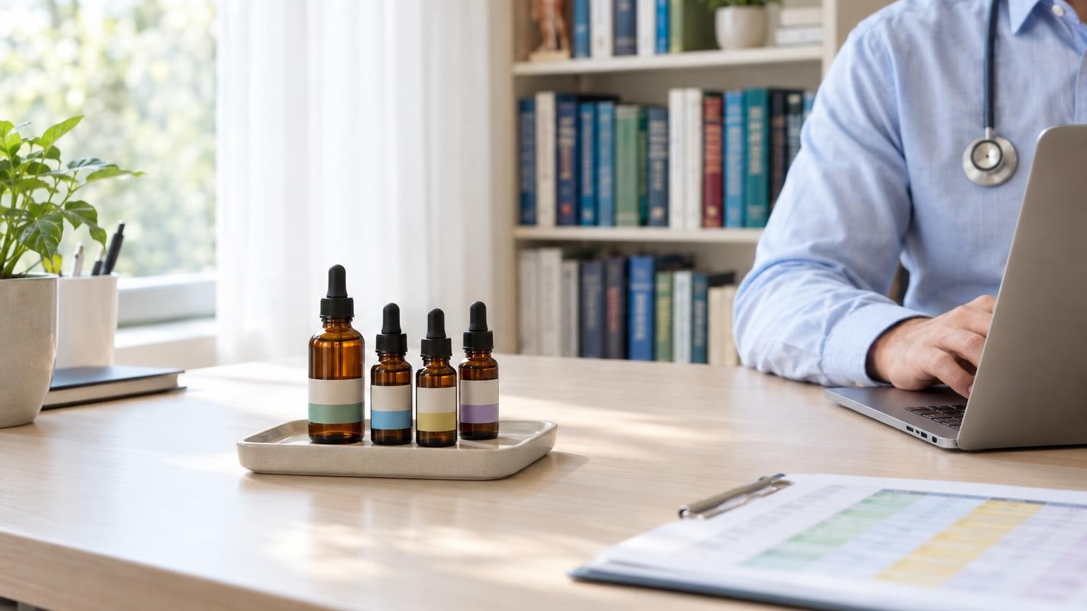 Doctor consulting with patient using THC tincture bottles for precision dosing