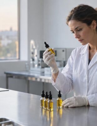 Technician examining CBD oil samples in a European manufacturing lab