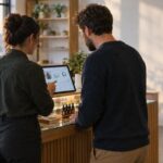 Customer and staff reviewing cannabis lab report at dispensary counter