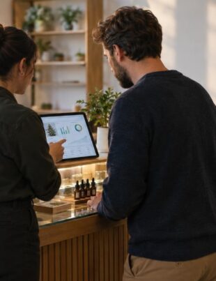 Customer and staff reviewing cannabis lab report at dispensary counter