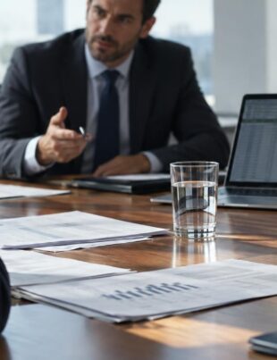 Office meeting with financial documents about hemp dispute on table