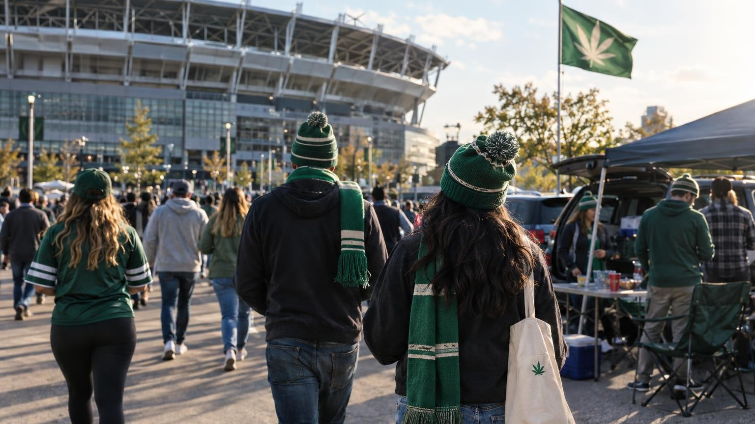 Fans approaching a stadium plaza with subtle cannabis-themed green accessories and a small cannabis-leaf flag in late afternoon light