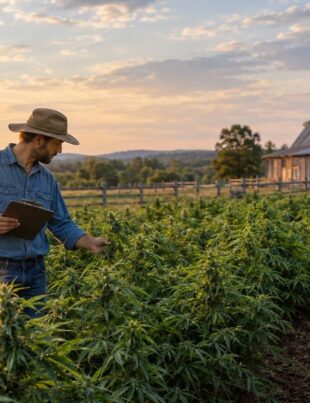 Farmer inspecting hemp plants on a farm during golden hour