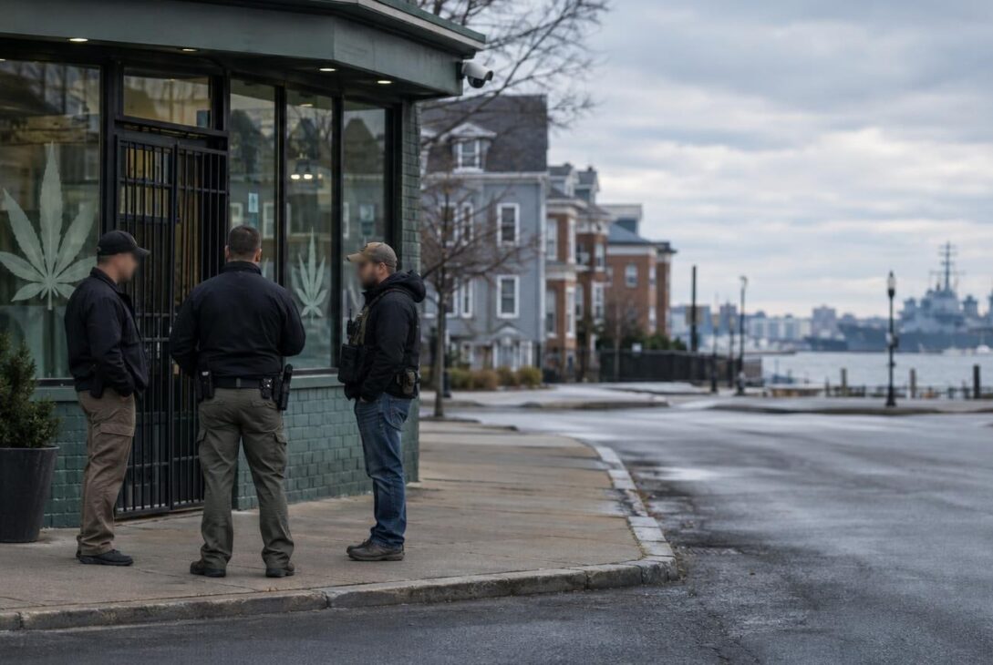 Exterior of Portsmouth cannabis dispensary with federal agents nearby in overcast light