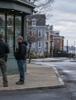 Exterior of Portsmouth cannabis dispensary with federal agents nearby in overcast light