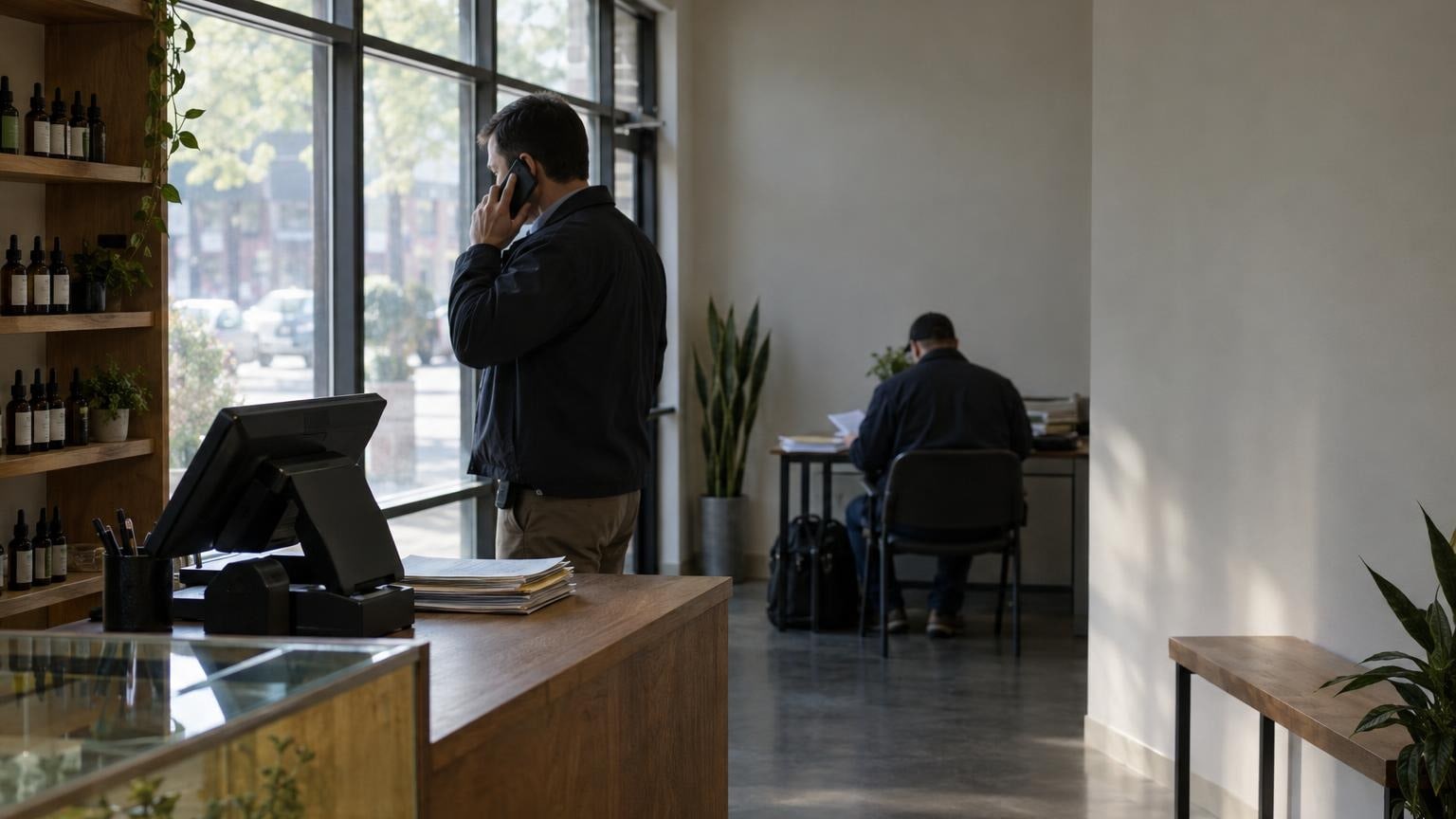 Interior of a cannabis dispensary with federal agents reviewing documents