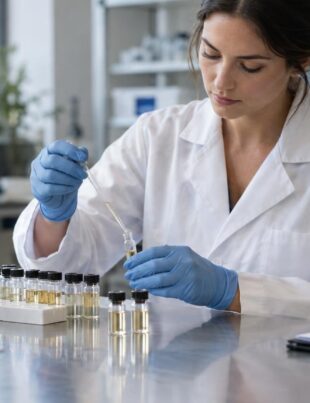 Researcher handling cannabinoid samples in a clinical lab for chronic pain therapy