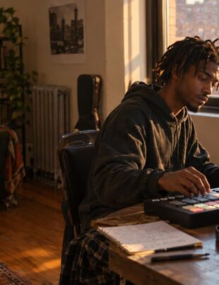 Young man creating music in Harlem apartment with laptop and microphone