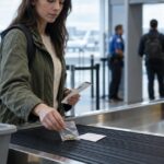 Traveler placing medical marijuana capsules in a clear bag at airport security checkpoint