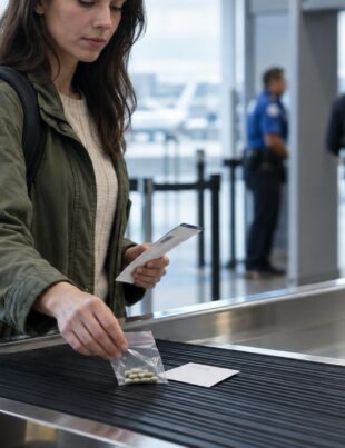 Traveler placing medical marijuana capsules in a clear bag at airport security checkpoint