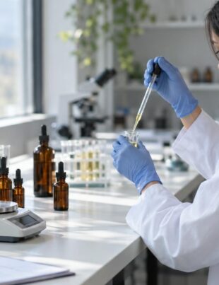 Cannabis lab technician measuring THC formulation with pipette and glassware