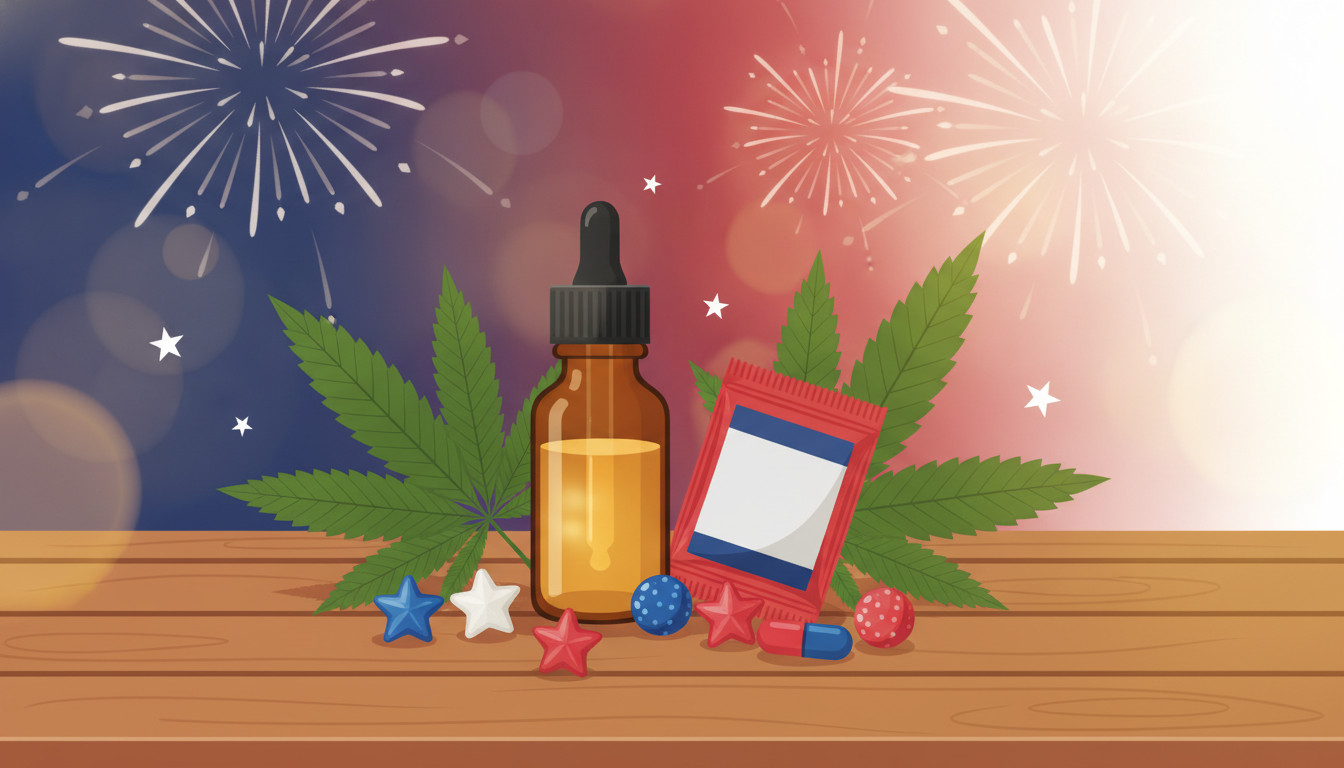 Festive Fourth of July scene with hemp and kratom leaves, a small tincture bottle, gummies, a capsule, and subtle fireworks in red white and blue tones, no text.