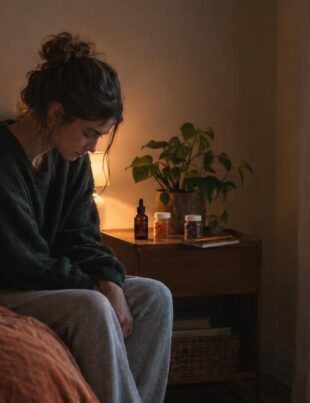 Young adult sitting on bed with CBD products on nightstand in soft evening light