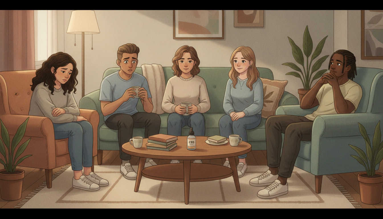 Diverse Gen Z group with varied moods and subtle cannabis elements