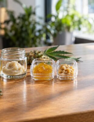 Glass and plastic containers holding cannabis concentrates on dispensary counter