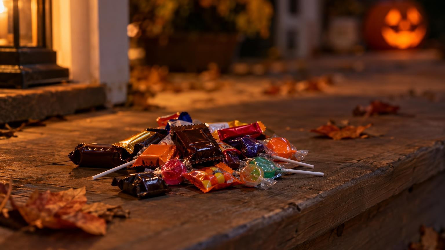 Pile of Halloween trick-or-treat candies on a porch step at dusk with autumn leaves and a warm porch light glow