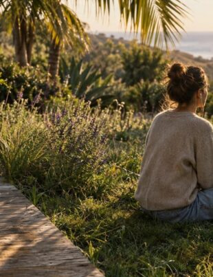 Person sitting on grass near guitar in sunlit Malibu garden during golden hour
