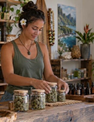 Small Hawaiian hemp retail store interior with products on wooden shelves and owner arranging items