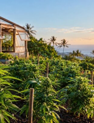 Hawaiian cannabis plants growing in volcanic soil at sunrise on a small farm