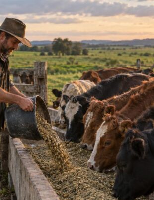 Farmer feeding cattle hemp-derived feed ingredients outdoors on a sunny farm