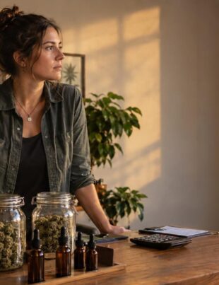 Small hemp product vendor in a retail shop with jars and bottles on counter