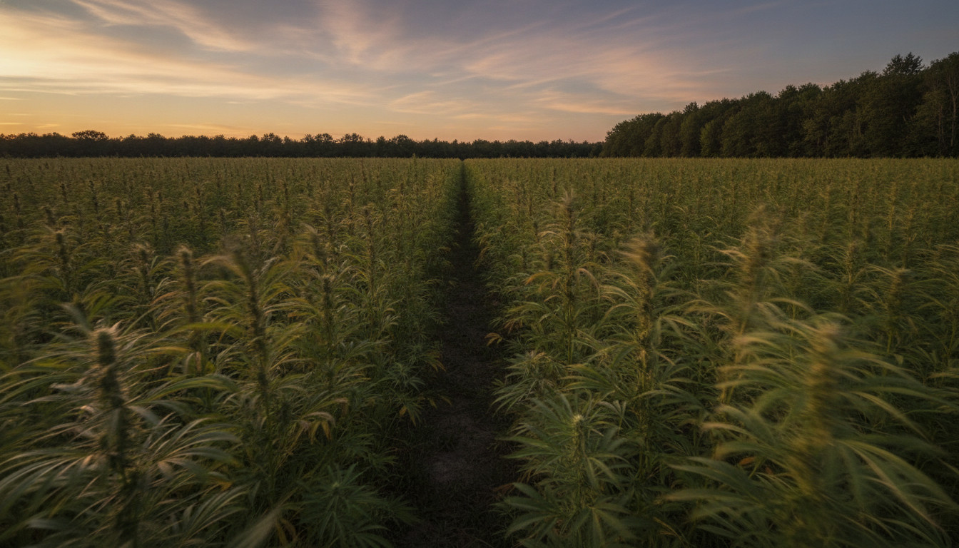 Hemp field at dusk with warm golden light, rows of hemp plants, distant tree line, and a narrow dirt path leading into the field