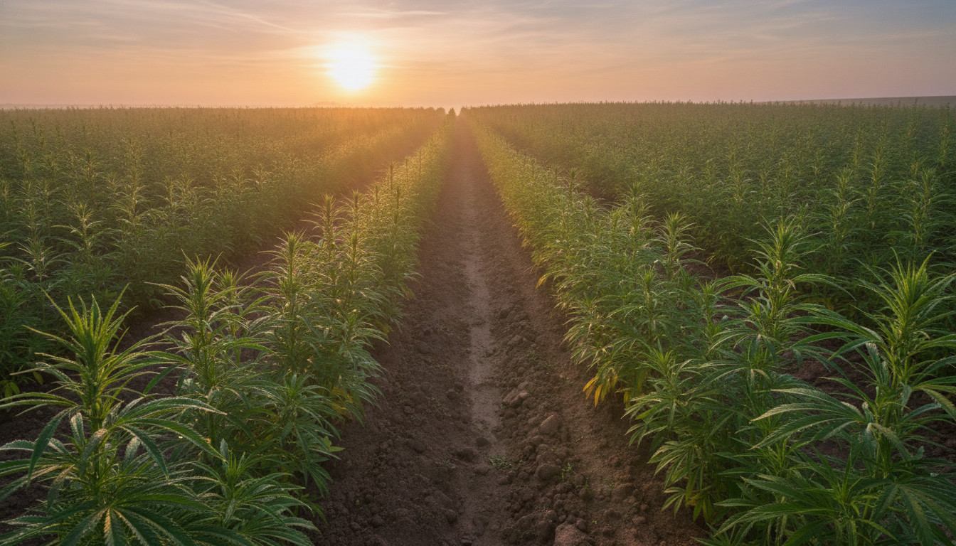 Hemp field at sunrise with dew and soft morning mist