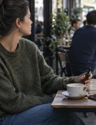 Person discreetly holding a CBD tincture bottle at a quiet café patio
